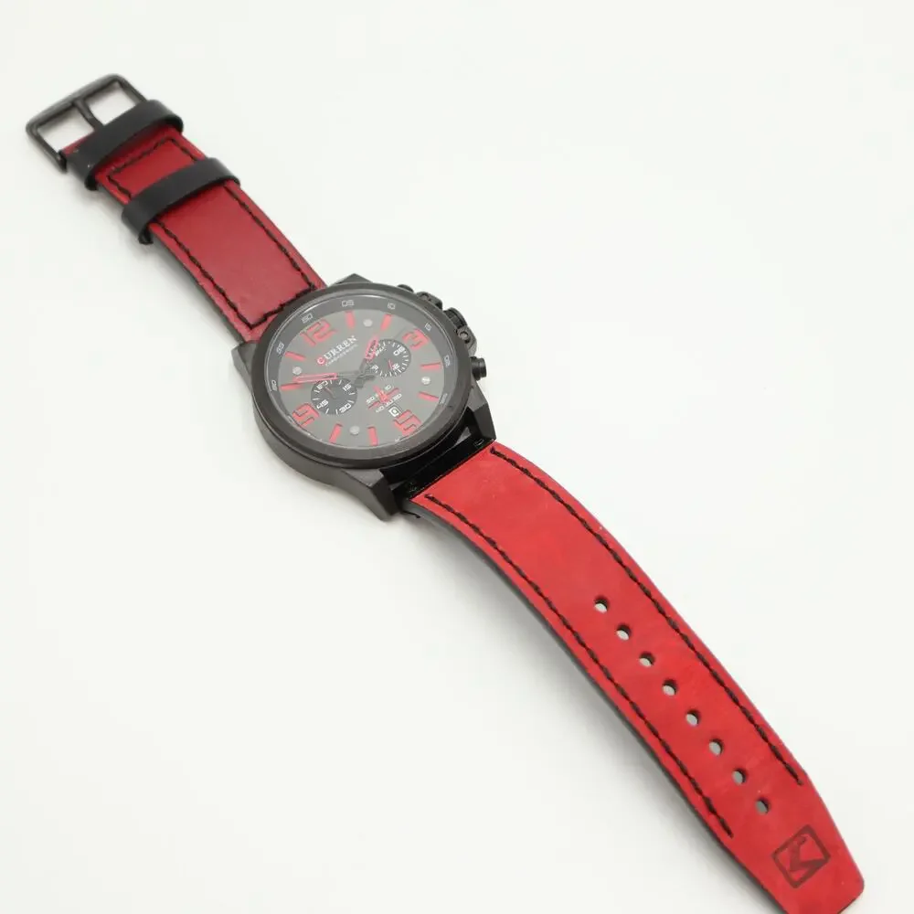 Curren Black Red Jumbo 48mm Chronograph Watch Genuine Leather w New Battery